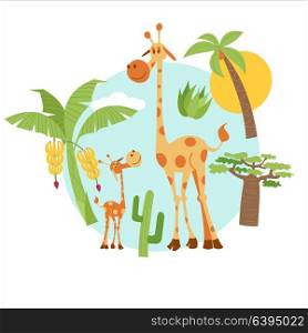 Africa. Animals and nature of Africa. Cute giraffes, palm trees, cacti, bananas, baobab. Vector illustration. Isolated on white background.