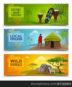Africa Banners Set . Africa horizontal cartoon banners set with culture and traditions symbols isolated vector illustration