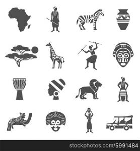 Africa Black White Icons Set. Africa black white icons set with african people and animals flat isolated vector illustration
