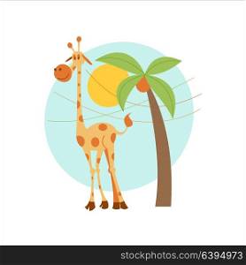 Africa clipart. A lone giraffe stands under a palm tree. Vector illustration. Isolated on a white background.