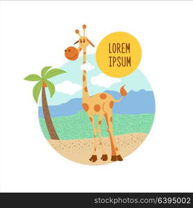 Africa clipart. A lone giraffe stands under a palm tree. Vector illustration. Isolated on a white background.