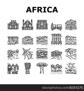 Africa Continent Nation Treasure Icons Set Vector. Drum Africa Traditional Musician Instrument And Serengeti National Park, Suleiman Pasha Mosque And Bandiagara Town Black Contour Illustrations. Africa Continent Nation Treasure Icons Set Vector