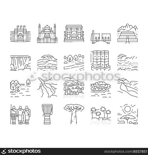 Africa Continent Nation Treasure Icons Set Vector. Drum Africa Traditional Musician Instrument And Serengeti National Park, Suleiman Pasha Mosque And Bandiagara Town Black Contour Illustrations. Africa Continent Nation Treasure Icons Set Vector