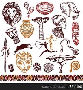 Africa doodle icons set with lion mask drums isolated vector illustration. Africa Doodle Set