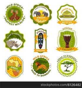 Africa Emblems Set. Africa emblems set with travel and traditions symbols cartoon isolated vector illustration