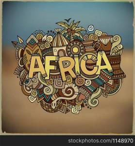 Africa ethnic hand lettering and doodles elements and symbols background. Vector blurred lanscape illustration. Africa ethnic hand lettering and doodles elements