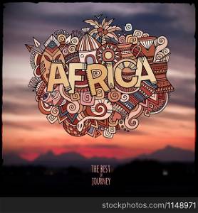 Africa ethnic hand lettering and doodles elements and symbols background. Vector blurred lanscape illustration. Africa ethnic hand lettering and doodles elements