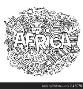 Africa ethnic hand lettering and doodles elements and symbols background. Vector hand drawn sketchy illustration. Africa ethnic hand lettering and doodles elements