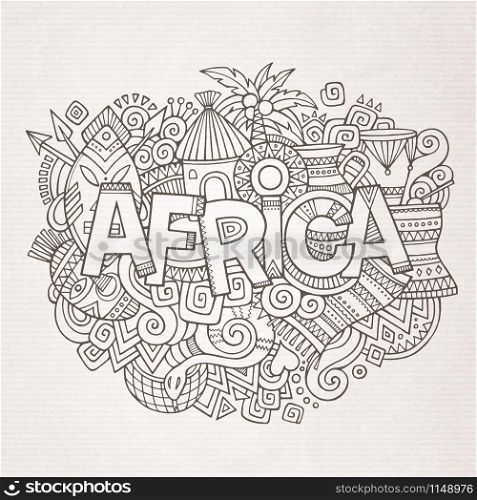 Africa ethnic hand lettering and doodles elements and symbols background. Vector hand drawn sketchy illustration. Africa ethnic hand lettering and doodles elements