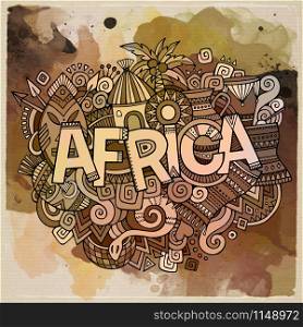Africa ethnic hand lettering and doodles elements and symbols background. Vector hand drawn watercolor illustration. Africa hand lettering and doodles elements background