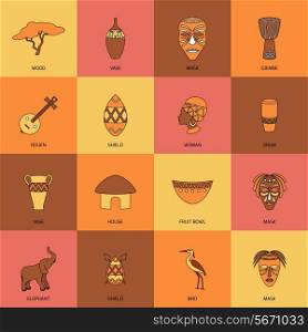 Africa ethnic tribe culture travel icons line flat isolated vector illustration
