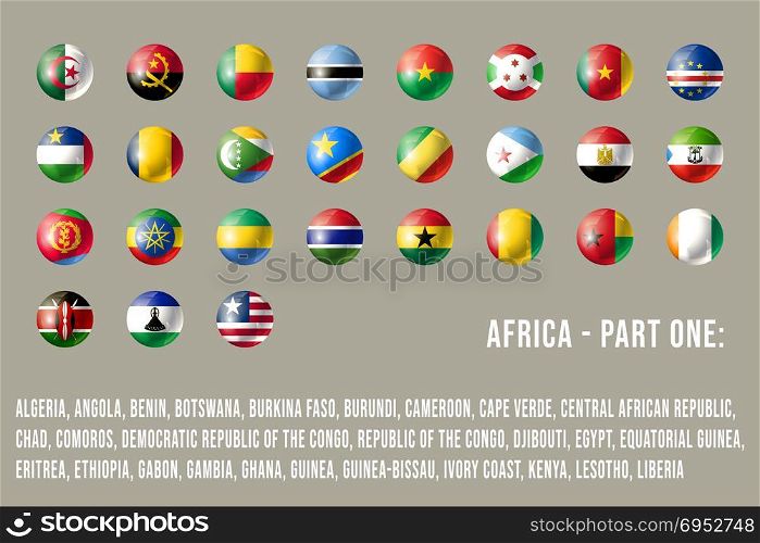 Africa flags - part 1. Glossy round button flag set. Vector illustration.. Africa round flags part 1