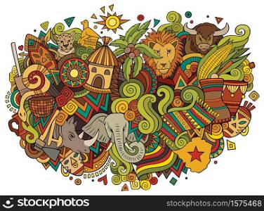 Africa hand drawn cartoon doodles illustration. Funny travel design. Creative art vector background. African symbols, elements and objects. Colorful composition. Africa hand drawn cartoon doodles illustration. Funny travel design