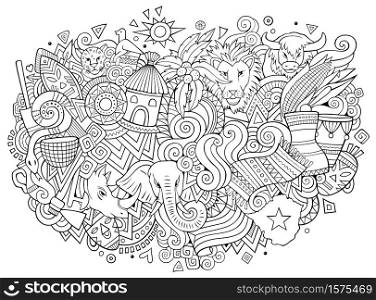 Africa hand drawn cartoon doodles illustration. Funny travel design. Creative art vector background. African symbols, elements and objects. Sketchy composition. Africa hand drawn cartoon doodles illustration. Funny travel design