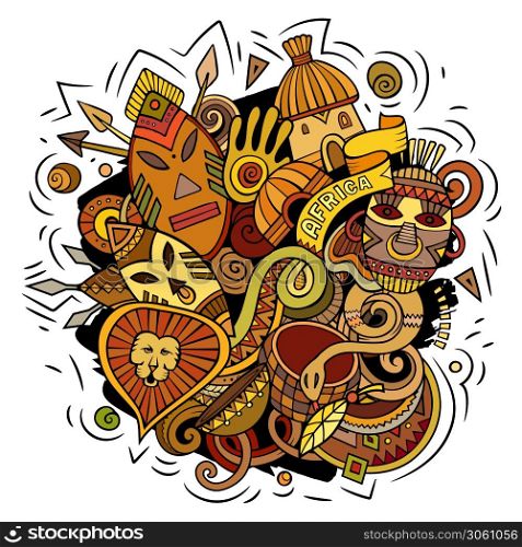 Africa hand drawn cartoon doodles illustration. Funny travel design. Creative art vector background. African symbols, elements and objects. Colorful composition. Africa hand drawn cartoon doodles illustration. Funny design.