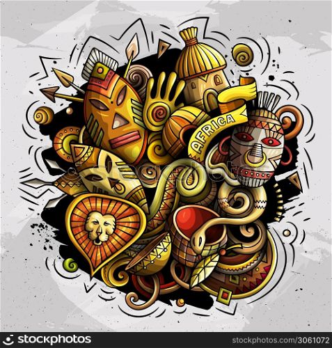 Africa hand drawn cartoon doodles illustration. Funny travel design. Creative art vector background. African symbols, elements and objects. Colorful composition. Africa hand drawn cartoon doodles illustration. Funny design.