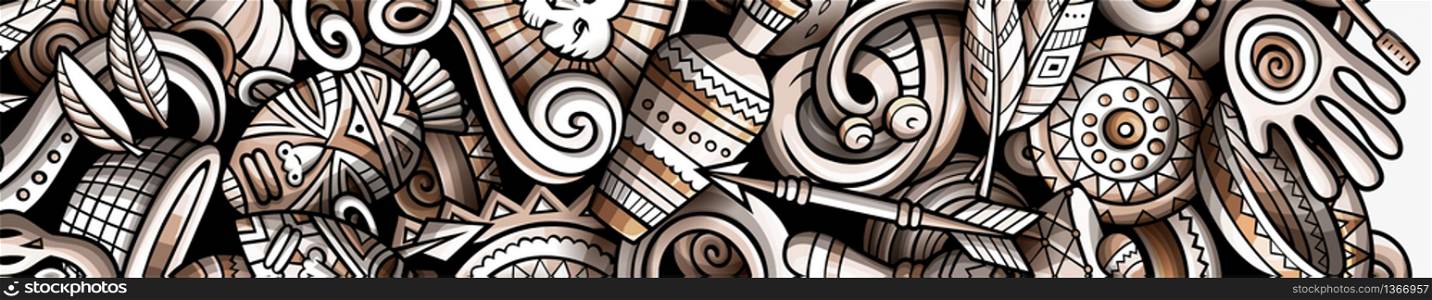Africa hand drawn doodle banner. Cartoon detailed flyer. African identity with objects and symbols. Monochrome vector design elements background. Africa hand drawn doodle banner. Cartoon detailed flyer.