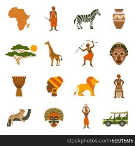 Africa Icons Set. Africa icons set with traditional clothes and animals flat isolated vector illustration