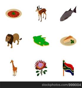Africa icons set. Isometric set of 9 africa vector icons for web isolated on white background. Africa icons set, isometric style