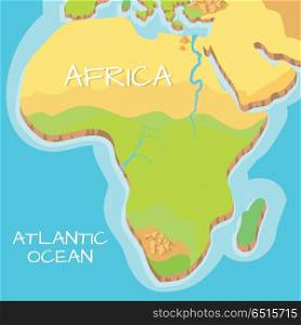 Africa Isometric Map with Natural Attractions.. Africa isometric map with natural attractions. Cartography nature concept. Geographical map with local relief. Africa continent between Indian and Atlantic ocean. Vector illustration