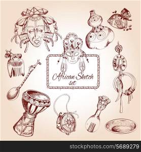 Africa jungle ethnic tribe culture travel sketch decorative icons set isolated vector illustration