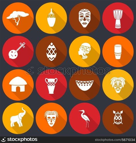 Africa jungle ethnic tribe icons set flat with house shields masks isolated vector illustration