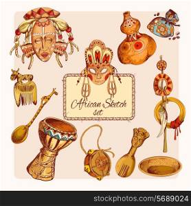 Africa safari ethnic tribe culture travel sketch colored decorative icons set isolated vector illustration