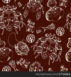 Africa safari ethnic tribe culture travel sketch seamless pattern on dark background vector illustration