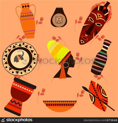 Africa Safari set vector icons. Ritual objects and traditional peoples of Africa, vector illustration