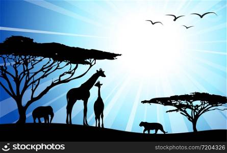 Africa / safari - silhouettes of wild animals in dawn