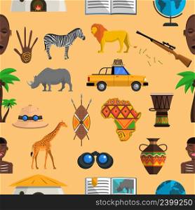 Africa seamless pattern with hunting equipment and safari animals vector illustration. Africa Seamless Pattern
