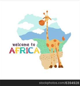 Africa. Welcome to Africa. Vector illustration. A giraffe standing on a background map of Africa. Isolated on a white background.