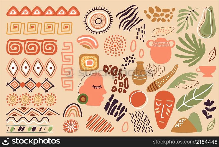 African abstract elements. Freehand doodle nature shapes, decorative ornaments. Modern ethnic borders, bohemian mexican style decent vector set. Illustration of freehand indian and african doodle. African abstract elements. Freehand doodle nature shapes, decorative ornaments. Modern ethnic borders, bohemian mexican style decent vector set