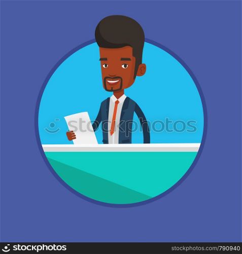 African-american anchorman at studio during live broadcasting. Television anchorman working at studio. Anchorman reporting tv news. Vector flat design illustration in the circle isolated on background. Television anchorman at studio.