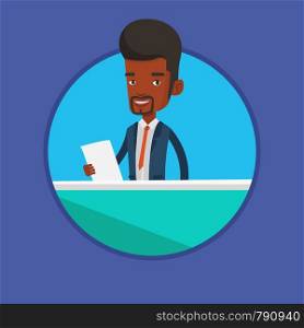 African-american anchorman at studio during live broadcasting. Television anchorman working at studio. Anchorman reporting tv news. Vector flat design illustration in the circle isolated on background. Television anchorman at studio.