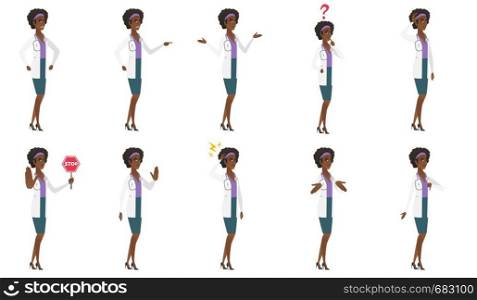 African-american angry doctor in medical gown screaming. Angry doctor clenching fists. Angry doctor shouting with raised fists. Set of vector flat design illustrations isolated on white background.. Vector set of doctor characters.