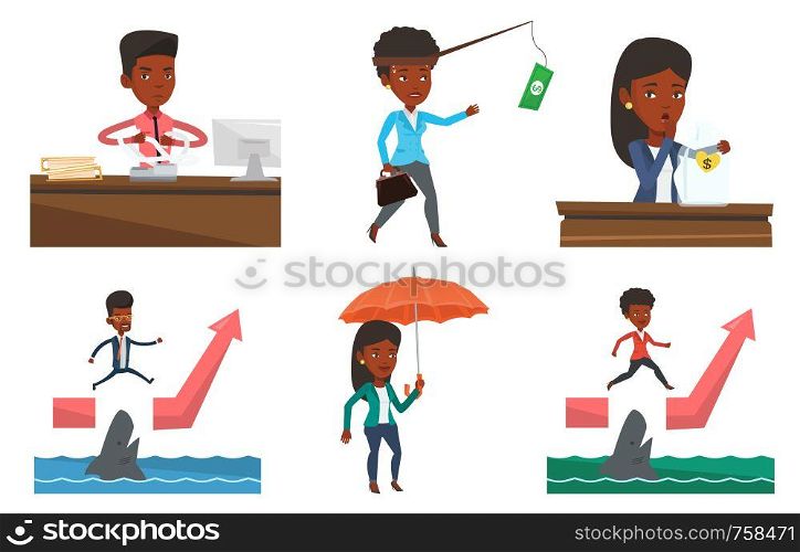 African-american annoyed business man sitting in office and tearing furiously bills. Young angry business man calculating bills. Set of vector flat design illustrations isolated on white background.. Vector set of business characters.