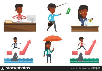 African-american annoyed business man sitting in office and tearing furiously bills. Young angry business man calculating bills. Set of vector flat design illustrations isolated on white background.. Vector set of business characters.