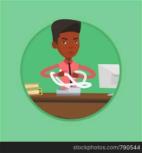 African-american annoyed businessman sitting in office and tearing furiously bills. Young angry businessman calculating bills. Vector flat design illustration in the circle isolated on background.. Angry businessman tearing bills or invoices.