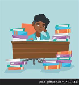 African-american annoyed student studying hard before the exam with a lot of books. Angry student sitting at the table with propped head and many books. Vector cartoon illustration. Square layout.. Student sitting at the table with piles of books.