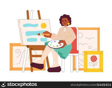African american artist 2D vector isolated spot illustration. Art gallery flat artist painting arts on white background. Picture on easel. Colorful editable scene. African american artist 2D vector isolated spot illustration