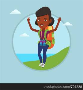 African-american backpacker standing on the cliff and celebrating success. Young backpacker with raised hands enjoying the scenery. Vector flat design illustration in the circle isolated on background. Backpacker with her hands up enjoying the scenery.