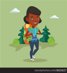 African-american backpacker with backpack and binoculars walking outdoor. Backpacker hiking in the forest during trip. Backpacker traveling in nature. Vector flat design illustration. Square layout.. Woman with backpack hiking vector illustration.