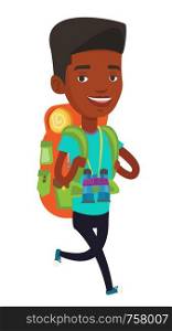 African-american backpacker with backpack and binoculars walking outdoor. Backpacker hiking during summer trip. Young backpacker traveling. Vector flat design illustration isolated on white background. Cheerful traveler with backpack.