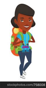 African-american backpacker with backpack and binoculars walking outdoor. Backpacker hiking during summer trip. Young backpacker traveling. Vector flat design illustration isolated on white background. Cheerful traveler with backpack.