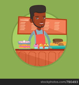 African-american bakery worker offering pastry. Bakery worker standing behind the counter with cakes. Man working at the bakery. Vector flat design illustration in the circle isolated on background.. Worker standing behind the counter at the bakery.