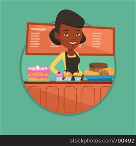 African-american bakery worker standing at the counter. Young bakery worker offering different pastry. Woman working at bakery. Vector flat design illustration in the circle isolated on background.. Worker standing at the counter at the bakery.