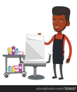 African-american barber standing near armchair and table with cosmetics in barbershop. Young barber standing at workplace in barbershop. Vector flat design illustration isolated on white background.. Barber at workplace in barbershop.