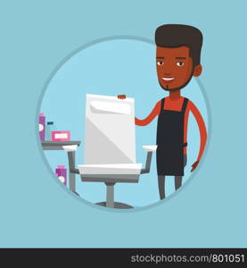 African-american barber standing near armchair and table with cosmetics in barbershop. Barber standing at workplace in barbershop. Vector flat design illustration in the circle isolated on background.. Hairdresser at workplace in barber shop.