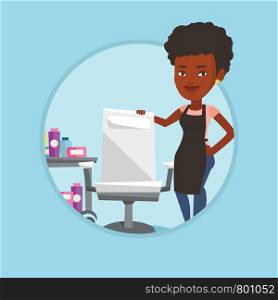 African-american barber standing near armchair and table with cosmetics in barbershop. Barber standing at workplace in barbershop. Vector flat design illustration in the circle isolated on background.. Hairdresser at workplace in barber shop.